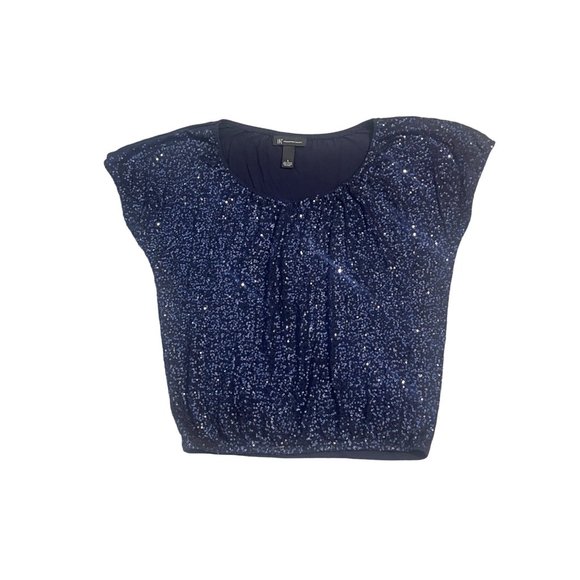 Size Small INC NAVY BLUE SEQUIN EMBELLISHED BLOUSON TOP Shirt Blouse Summer - Picture 5 of 5